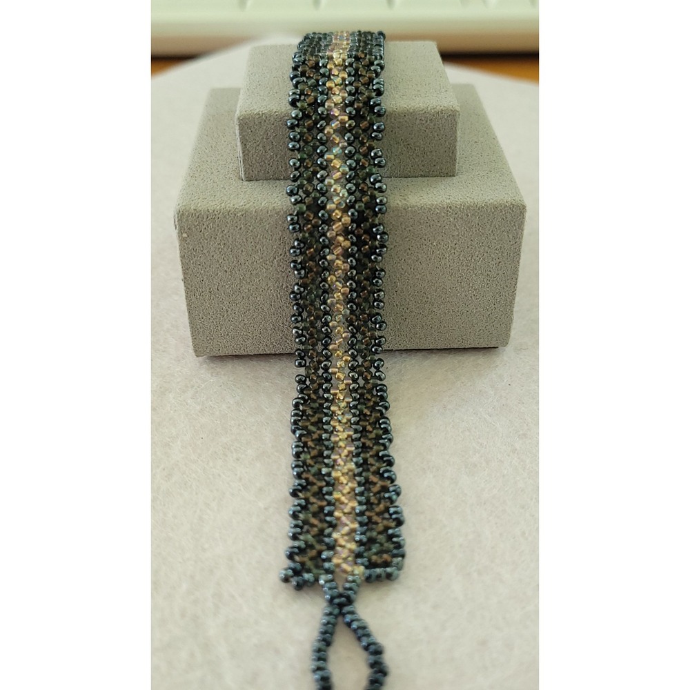 Peyote Stitch Seed Bead Bracelet Geometric Gunmetal Gold Woven Cuff 7in 6g
